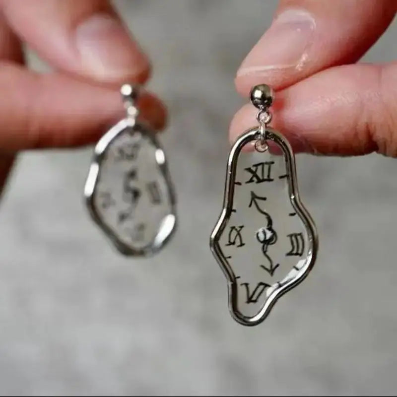 Silver-tone irregular clock earrings with Roman numerals, Simples Market, vintage-inspired women's jewelry (set of 2)