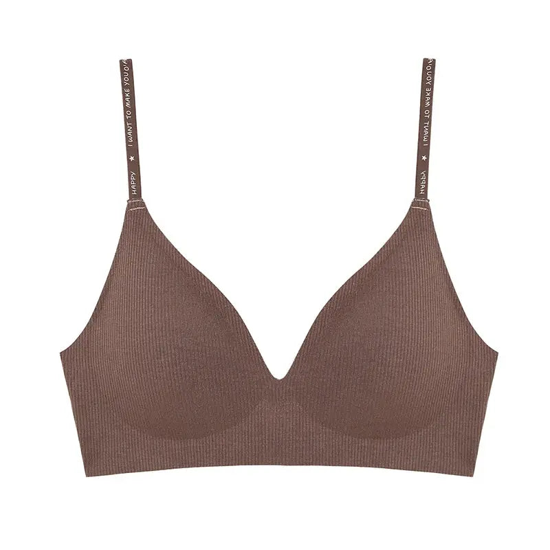 FINETOO women's wireless padded bralette, deep V-neck, brown ribbed knit