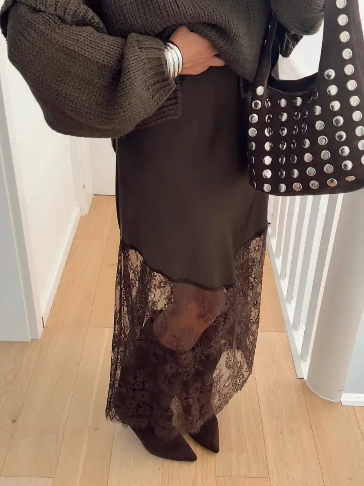 Trendix Patchwork Lace High Waist Hollow Out Maxi Skirt For Women Autumn Brown Boho Party Fashion