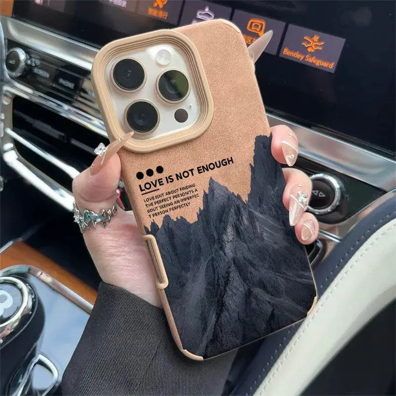 iPhone case tan faux-leather with mountain lake scenery design
