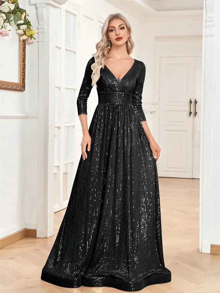 Luxury V Neck Long Sleeve Blue Sequins Formal Evening Dress Women Maxi