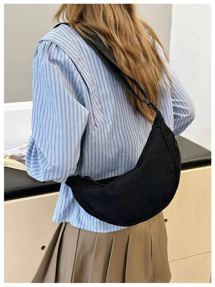 Solid color corduroy women's hobo bag; black crossbody shoulder bag