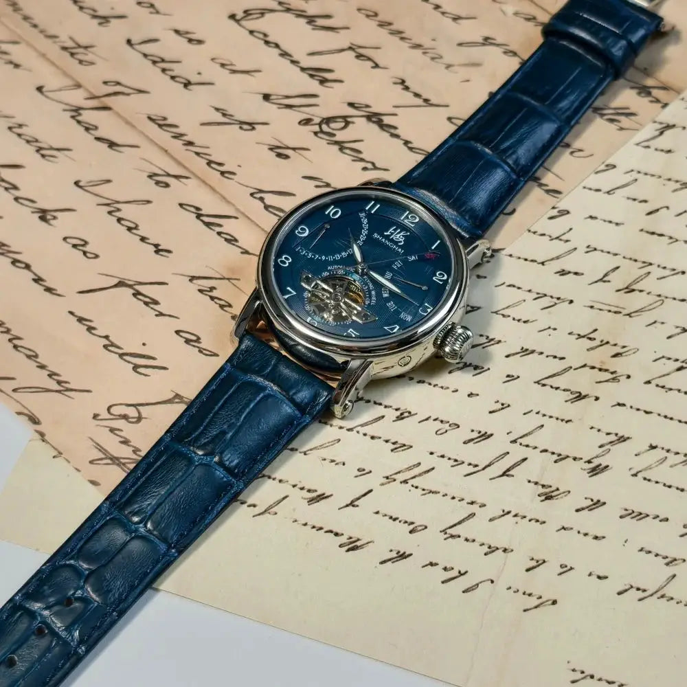 Shanghai 42mm automatic watch with blue dial, open-heart display, stainless steel case and blue leather strap