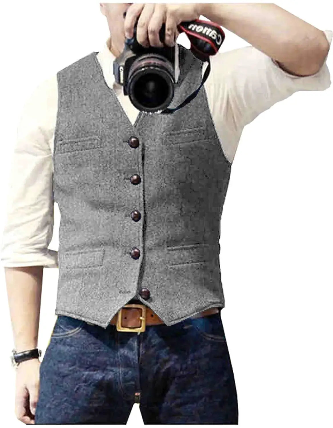 Simples Market men's wool herringbone tweed suit vest with V-neck, gray with brown buttons