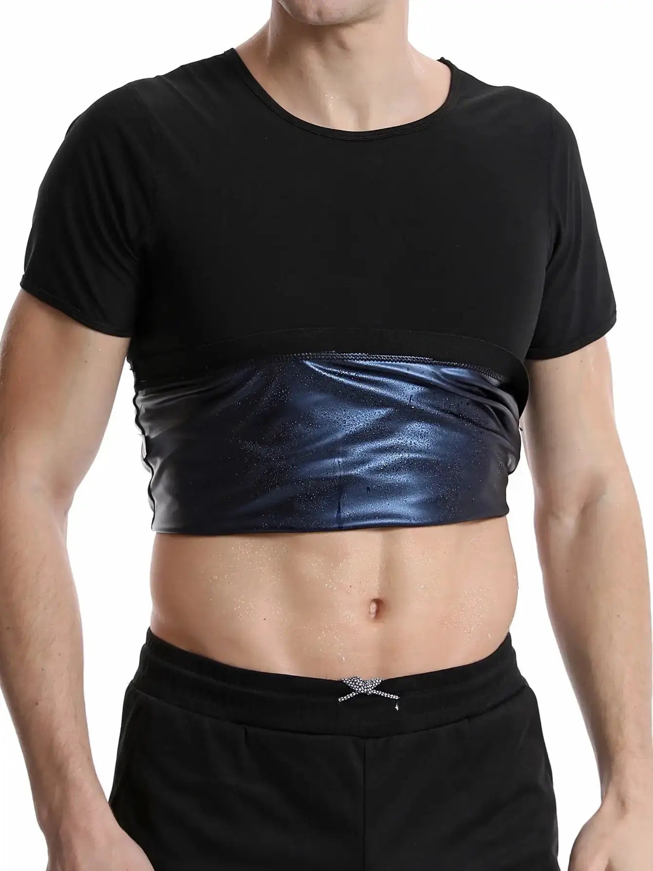 Men's sauna shirt with blue metallic waist trainer belt for gym compression by Simples Market