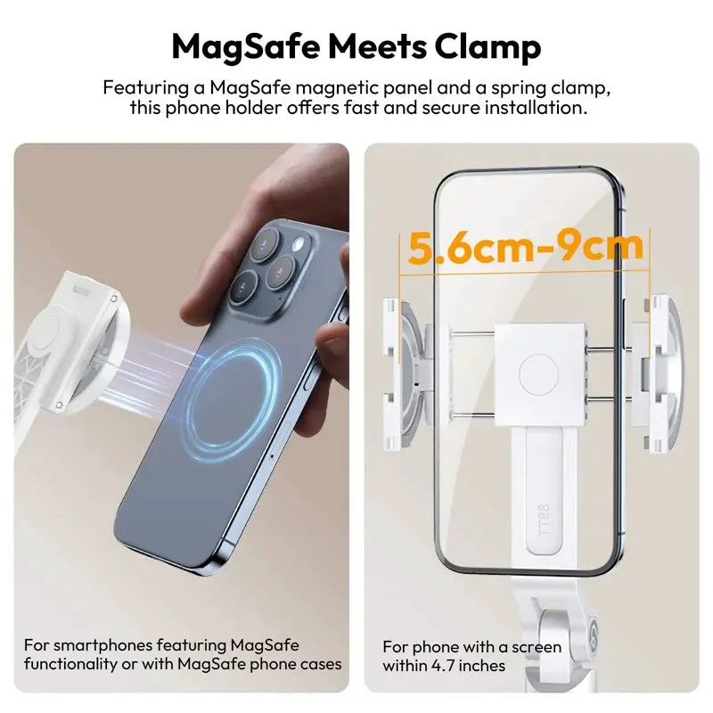 Ulanzi TT88 1.44m overhead selfie stick with MagSafe clamp for iPhone, white clamp, 5.6–9 cm width, wireless remote