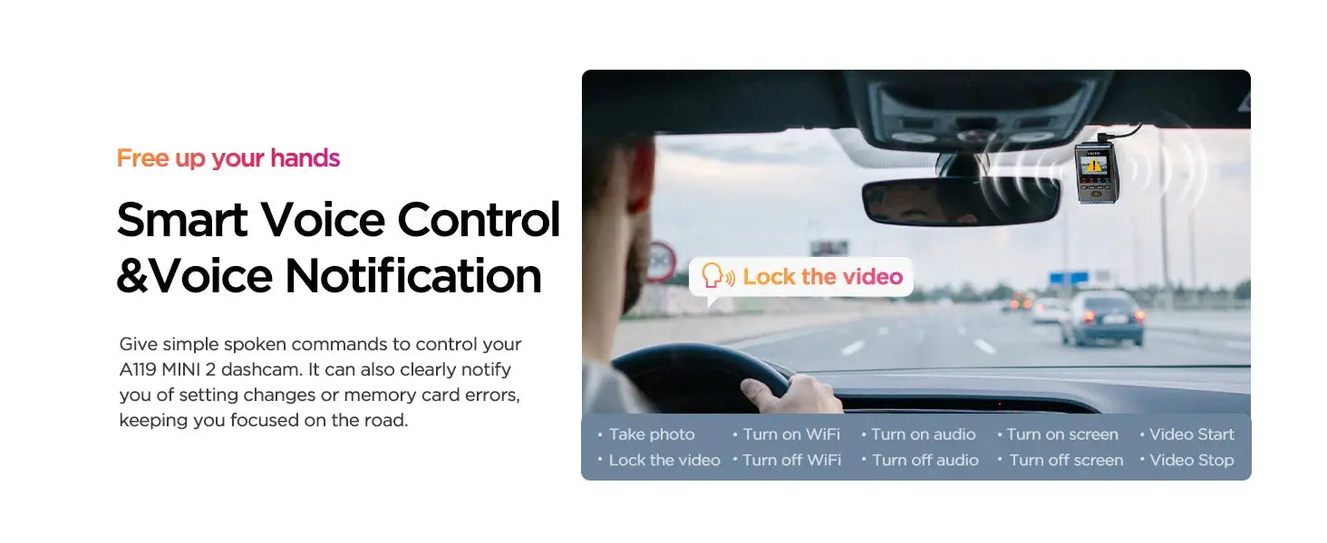VIOFO A119MINI-2 dash cam on windshield; black car DVR with voice control and GPS