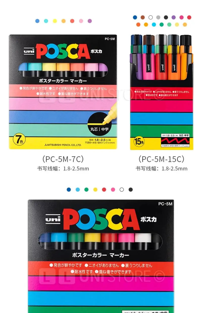 Two Uni POSCA paint marker pen sets with vinyl cases - 7-color PC-5M-7C and 15-color PC-5M-15C