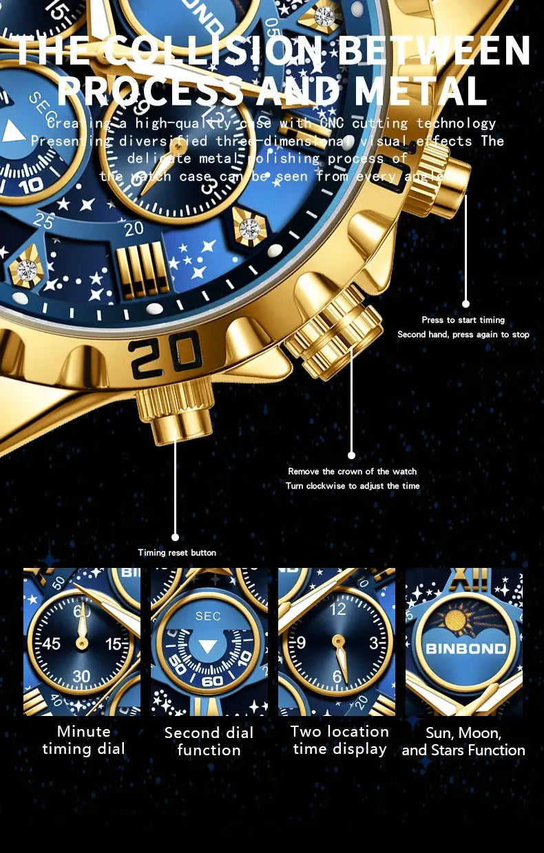 BINBOND men's gold-tone stainless steel chronograph watch with blue dial