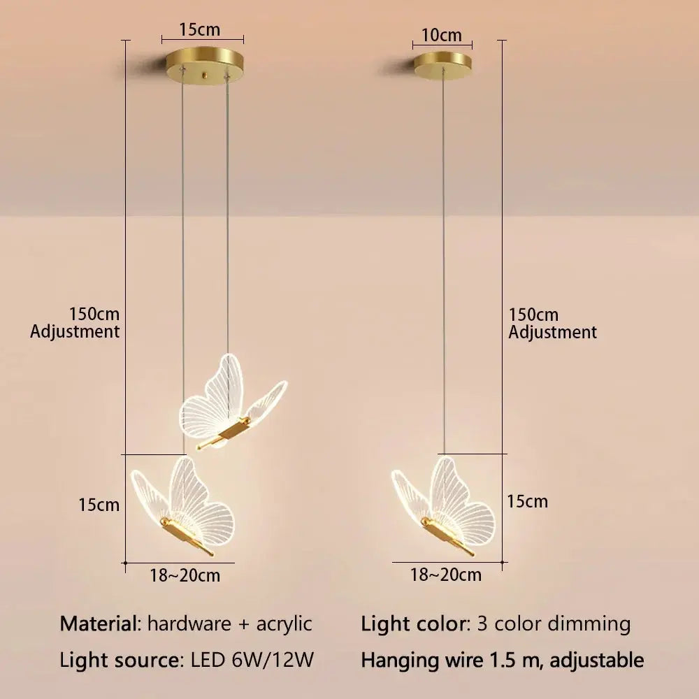 Simples Market LED Modern Butterfly Pendant Light set of 2 with gold hardware and butterfly acrylic wings