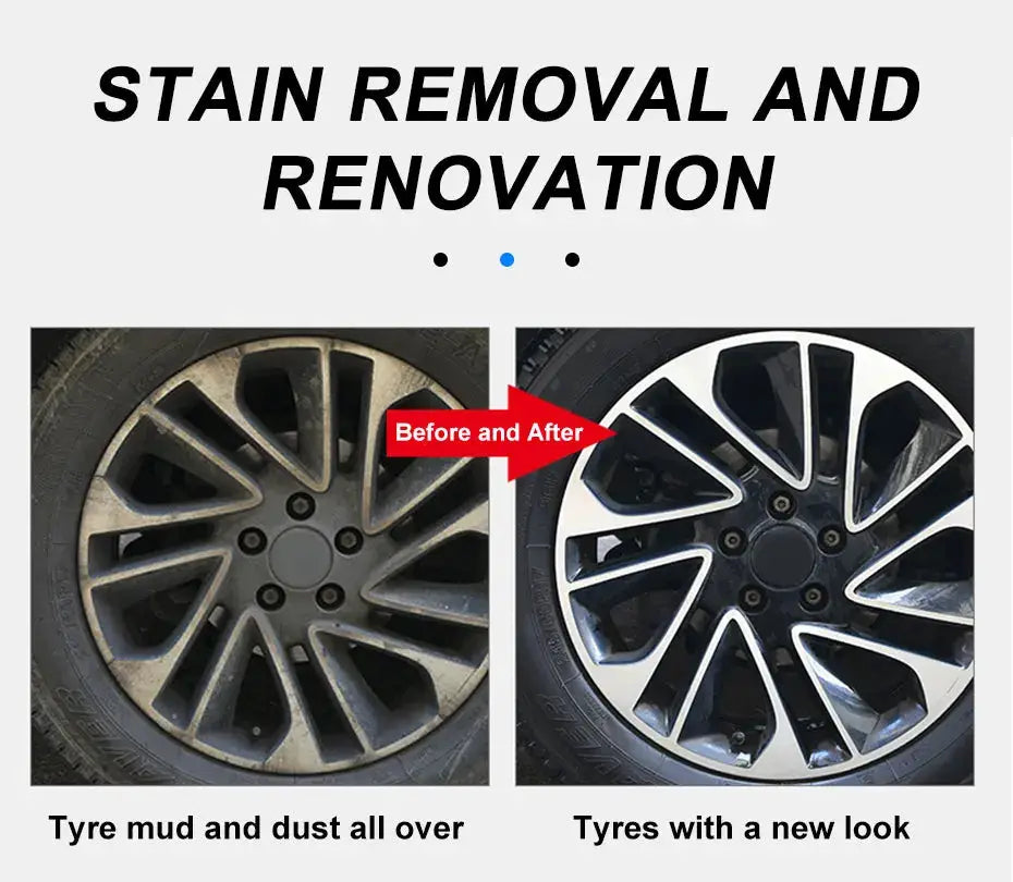 SEAMETAL car wash wheel brush with plush non-slip handle; before-and-after view of dirty rims vs clean rims
