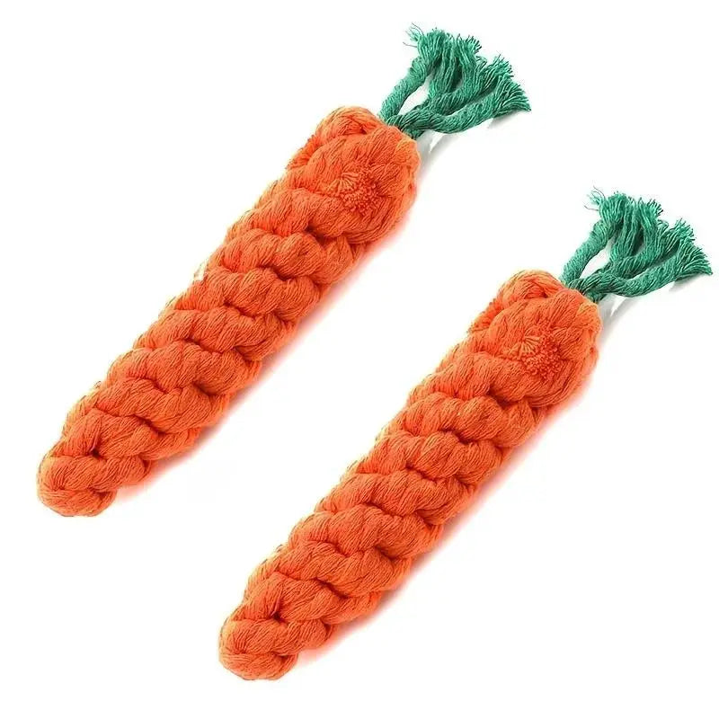 Carrot-shaped dog and cat rope chew toy; orange cotton rope with green tassels, set of 2