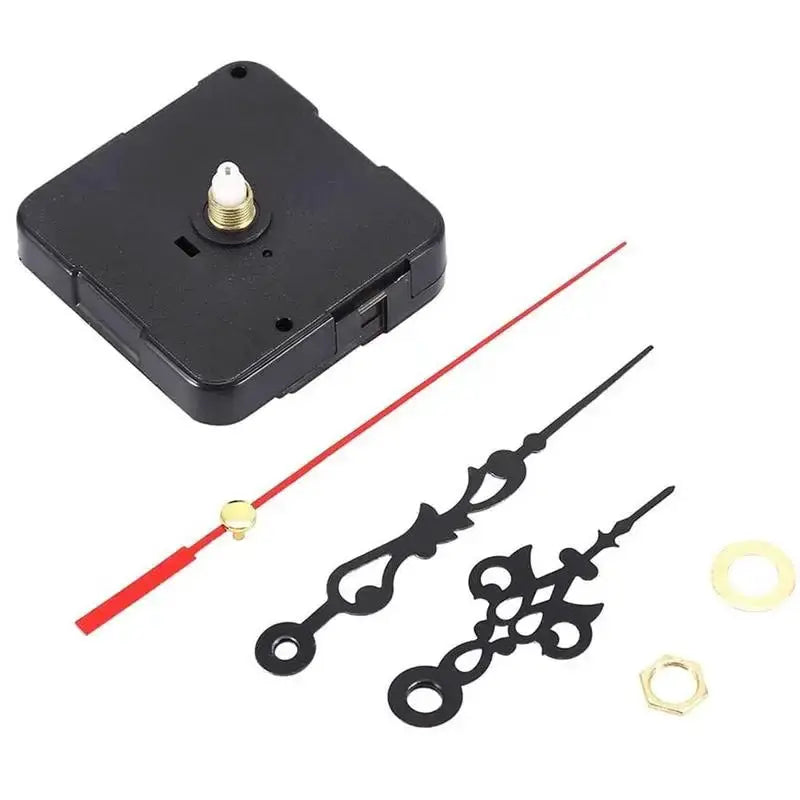 Simples Market clock movement kit with silent quartz mechanism, black ornate hands, red second hand, and hardware.