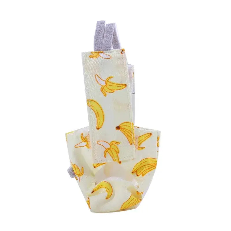 Parrot diaper with banana print and lavender straps, washable flight suit for birds