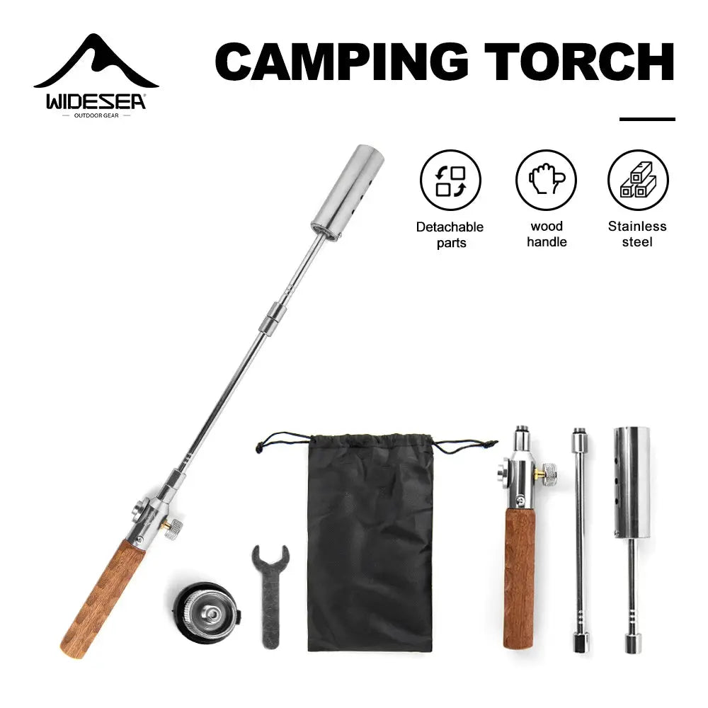 Widesea long-handle camping flamethrower with detachable stainless steel parts and wood handle, includes carry bag