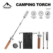 Widesea long-handle camping flamethrower with detachable stainless steel parts and wood handle, includes carry bag