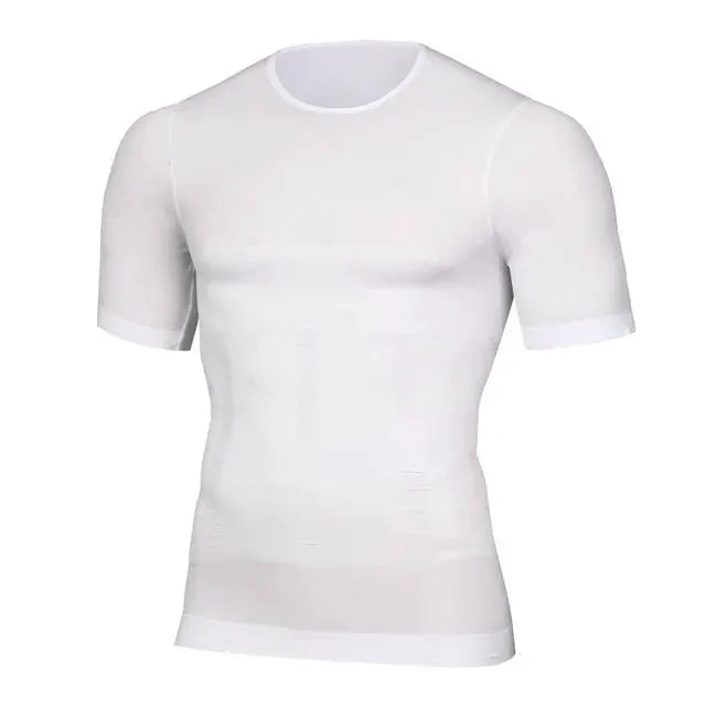 Men's white elastic body shaper shirt, short sleeves, compression undergarment