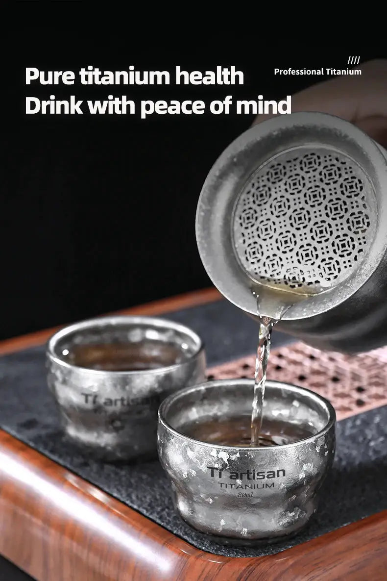 Tiartisan titanium 80ml double-layer gourd teacups for camping; two metallic ultralight mugs on a wooden tray
