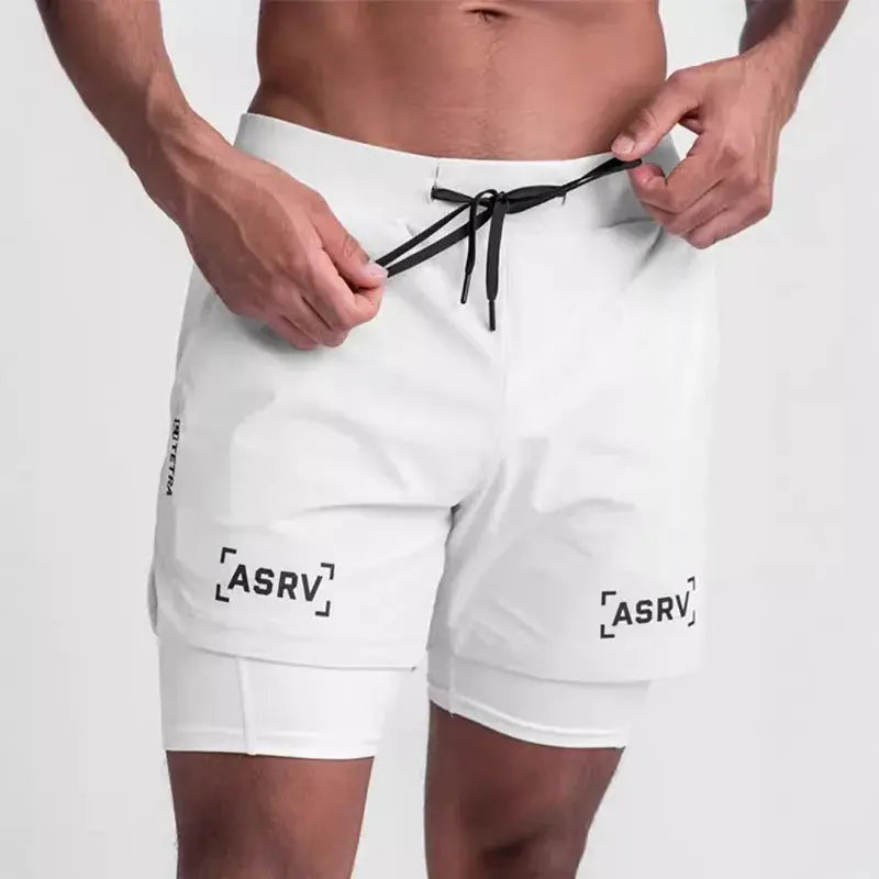 ASRV 2-in-1 white gym shorts with black drawstring and ASRV logo, men's quick-dry fitness shorts