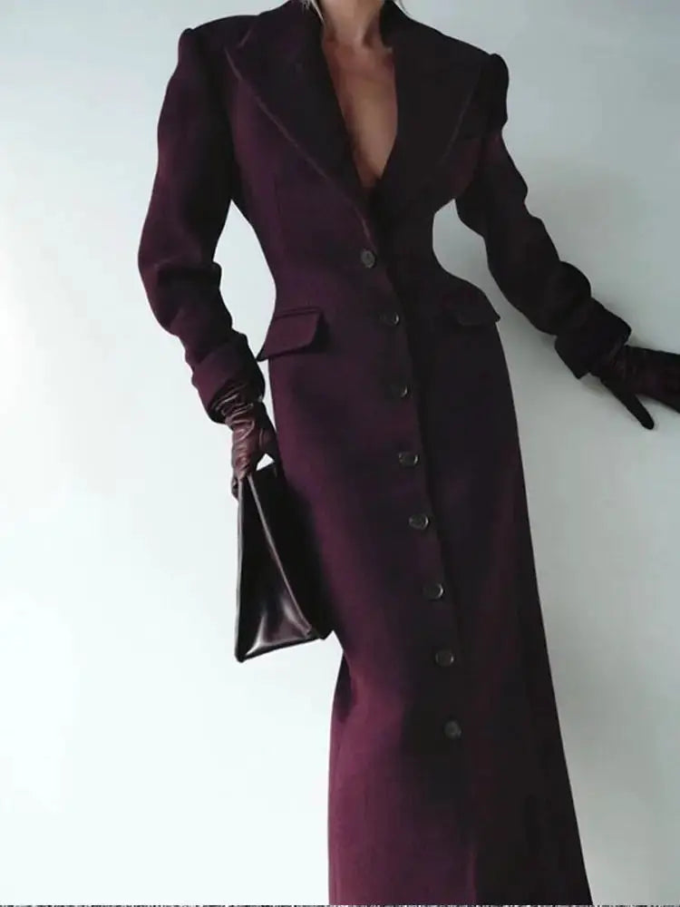 UrbanEdge Belted Long Coat With Slim V Neck And Shoulder Pads For Winter Comfort And Flattering Silhouette