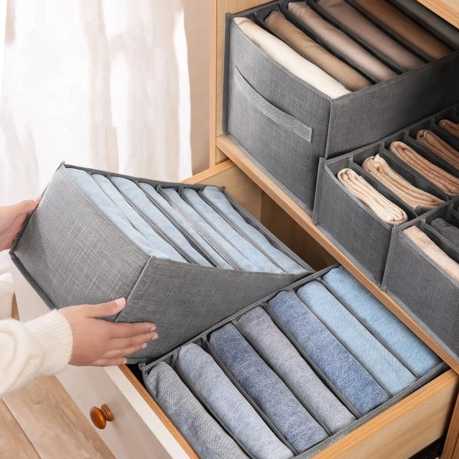 Simples Market gray fabric clothes organizer storage box set with divided compartments for wardrobe closet organization