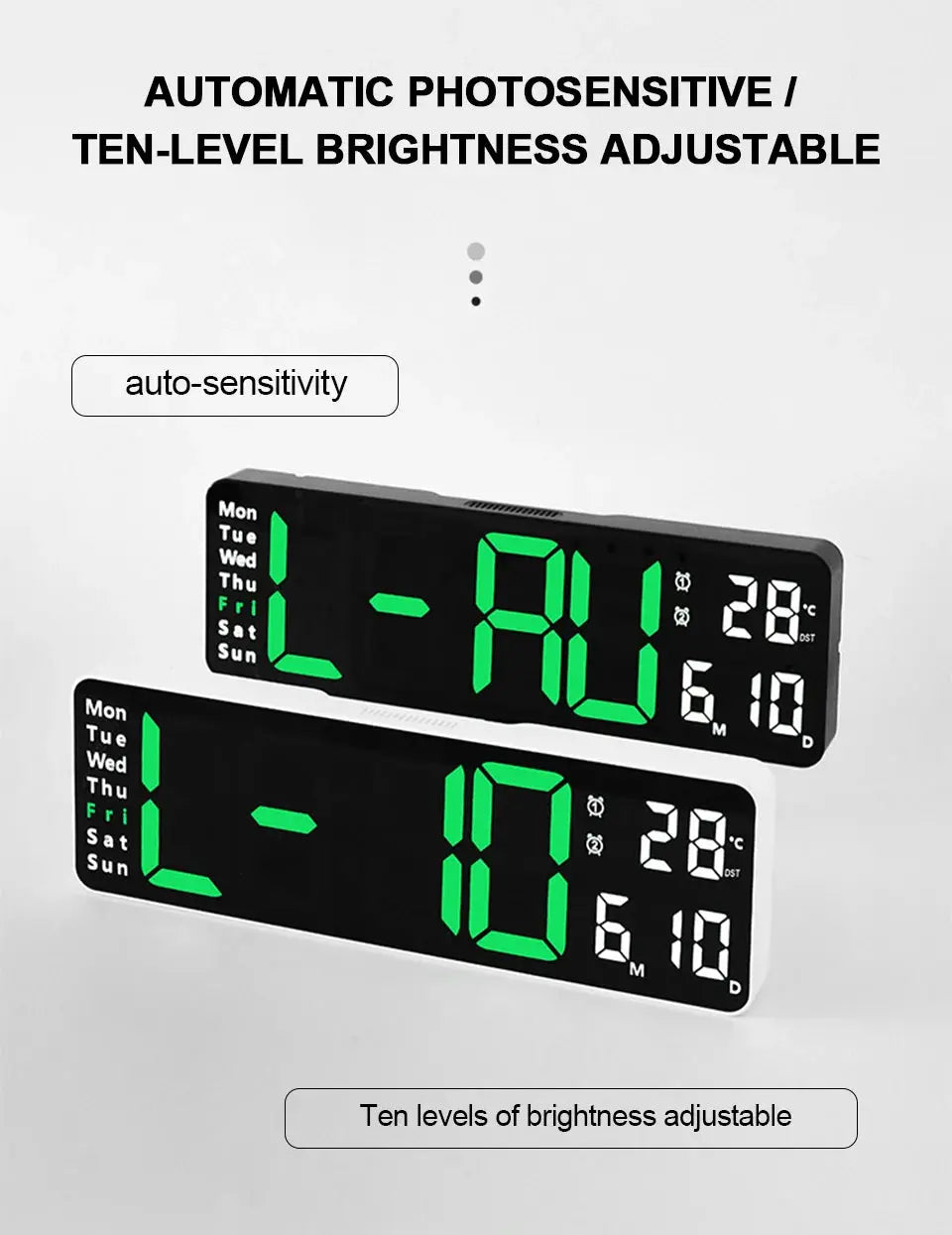 Two black digital wall clocks with green LED digits, showing weekday labels and date/temperature.