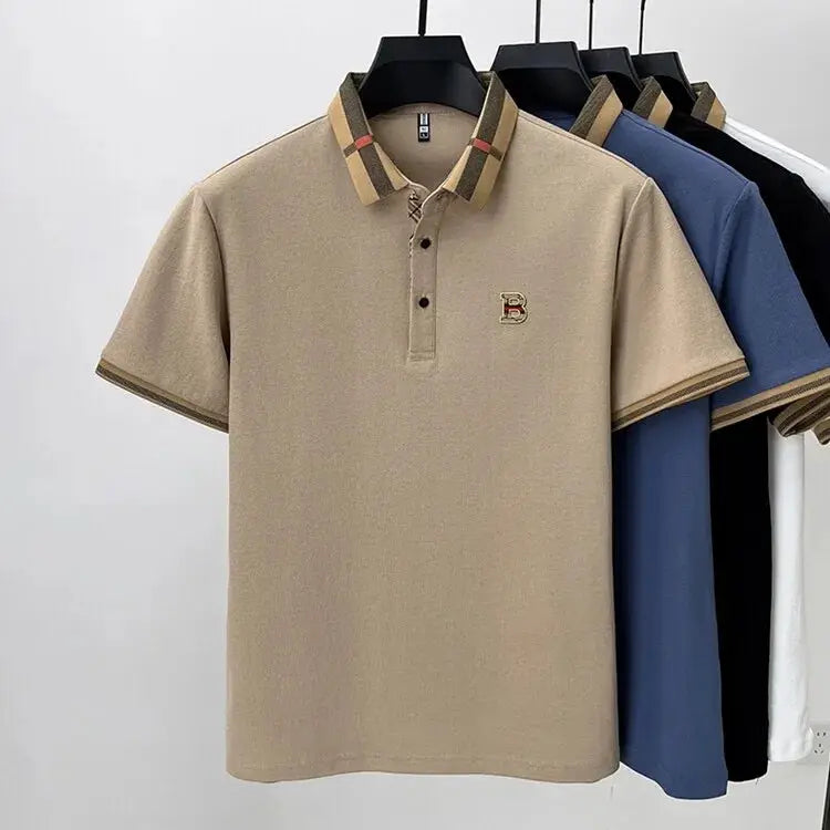 Polo shirt set: five short-sleeve polos in beige and assorted colors, with striped collars and Simples Market logo