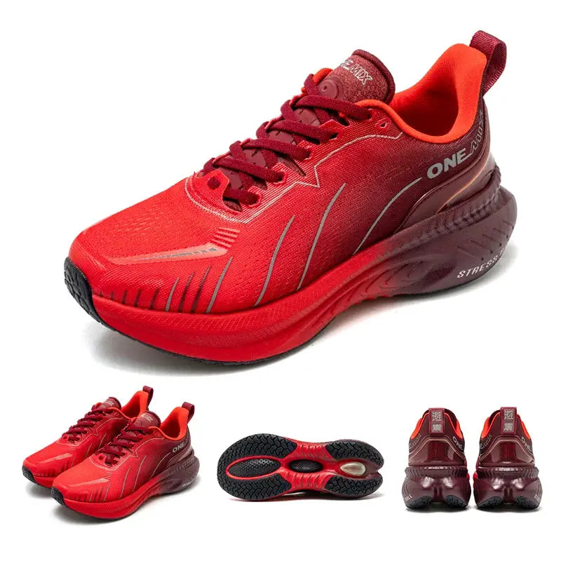 ONEMIX red men's running shoes with cushioned sole, lace-up, non-slip outsole, 4-view gallery