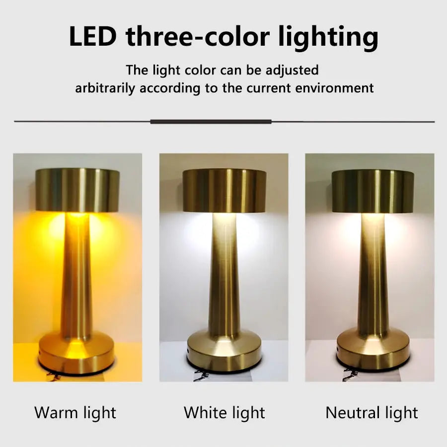 LED table light, brass metal finish, rechargeable touch desk lamp with warm, white, and neutral colors (3 lamps)