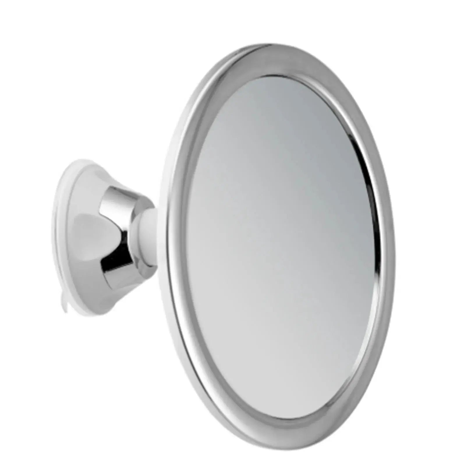 Fogless makeup mirror with suction cup mount, chrome finish, 360° rotation.