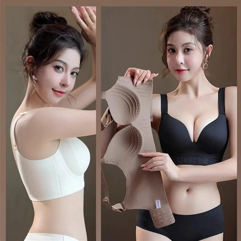 Scarless large-size women's bra set with two bras shown in white and black and a beige textured backless extender