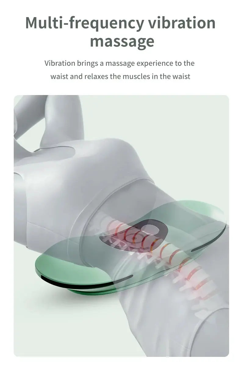 Electric lumbar traction massager with heat function and adjustable intensity, green inflatable back stretcher pad.