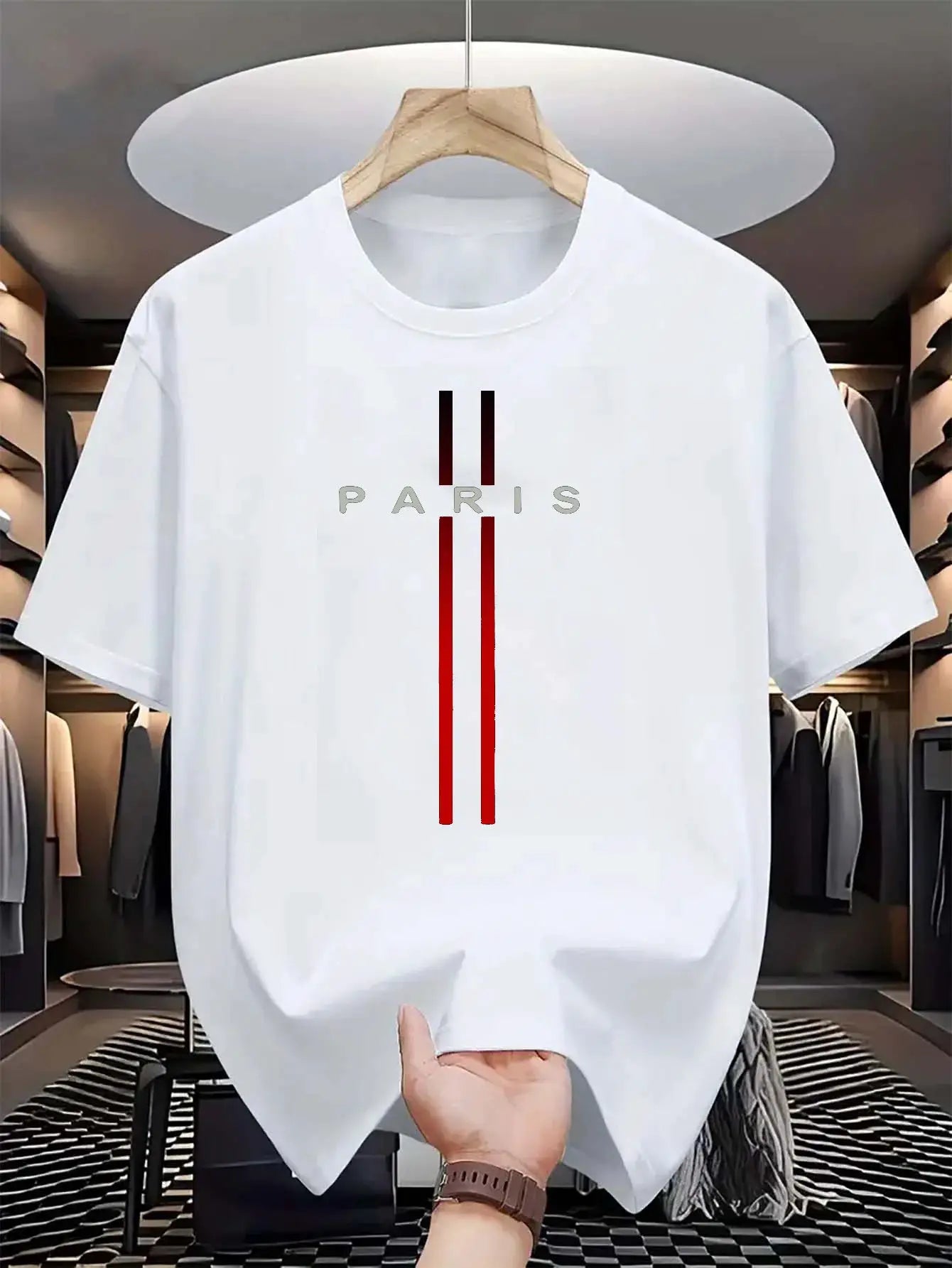 Men's 100 Percent Cotton Summer T Shirt Loose Fit Paris Letter Print Round Neck Short Sleeve Top