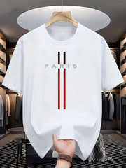 Men's 100 Percent Cotton Summer T Shirt Loose Fit Paris Letter Print Round Neck Short Sleeve Top