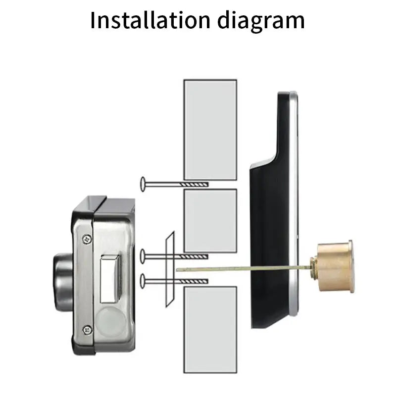 Smart door lock installation diagram showing silver metal lock body and brass bolt with screws.