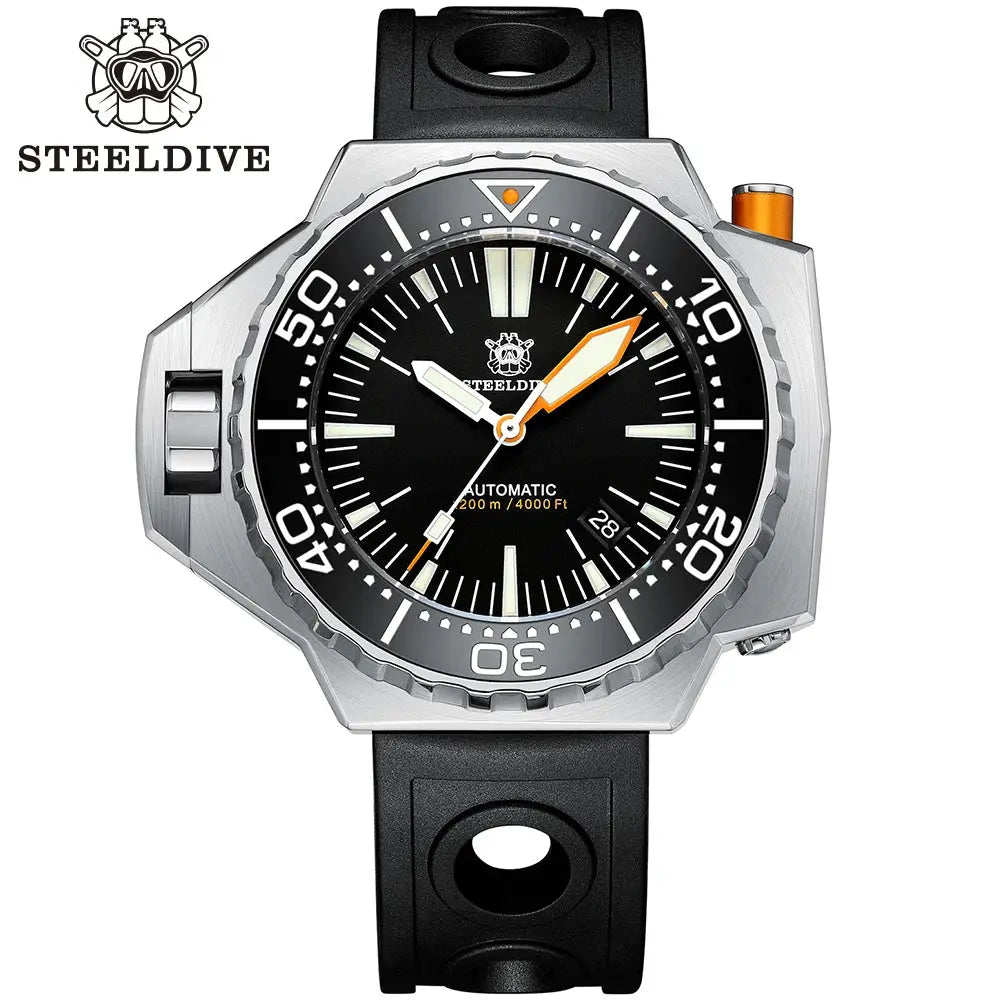 Steeldive Proplof SD1969 V3 diver watch with black dial, orange hands, steel case and black rubber strap.