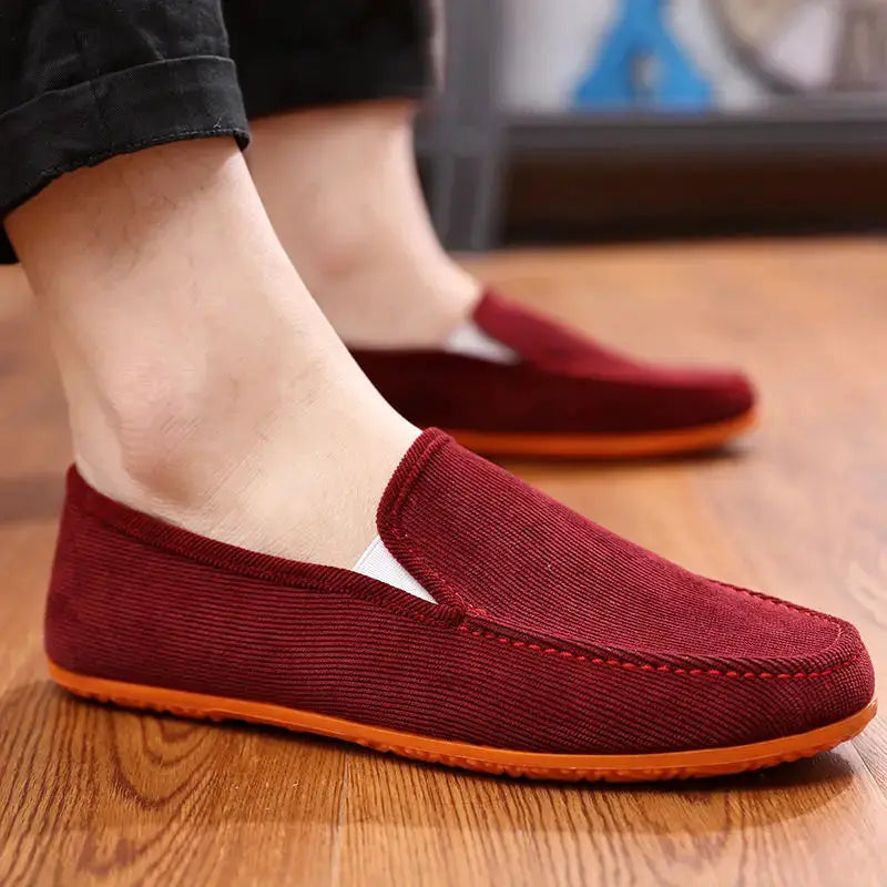 Simples Market men's burgundy fabric loafers with orange outsole, slip-on driving moccasin style.