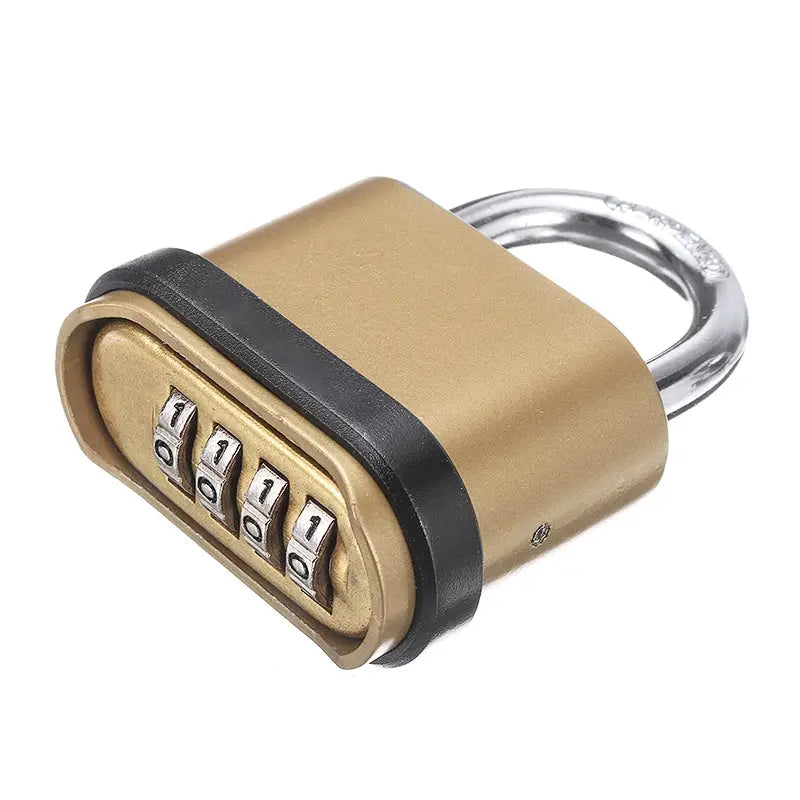 Four-digit combination padlock with gold-tone zinc-alloy body and silver shackle