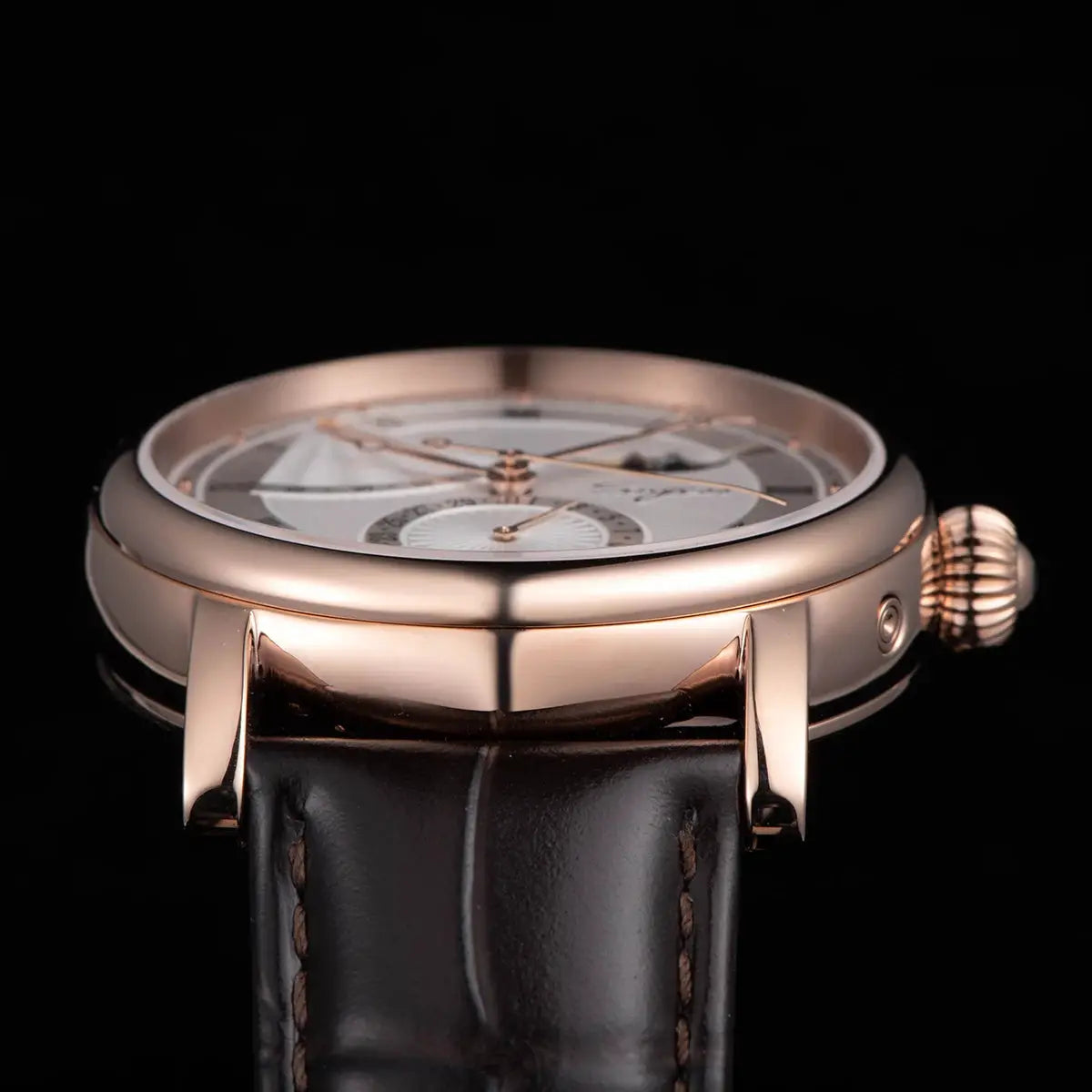 Sugess Moonphase men's watch with rose-gold case and black leather strap