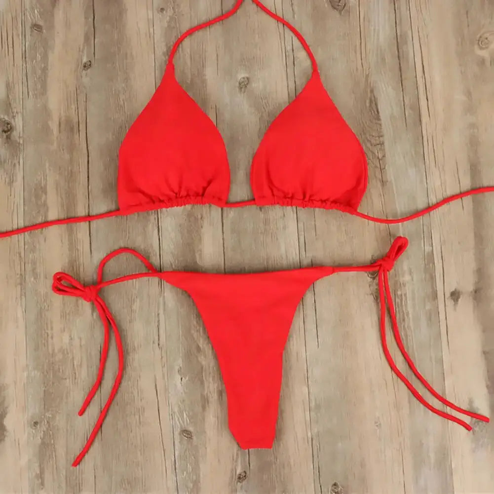 2 Piece Womens Swimsuit Set Halter Neck Bikini Solid Color Thong Bottom Beachwear 2024