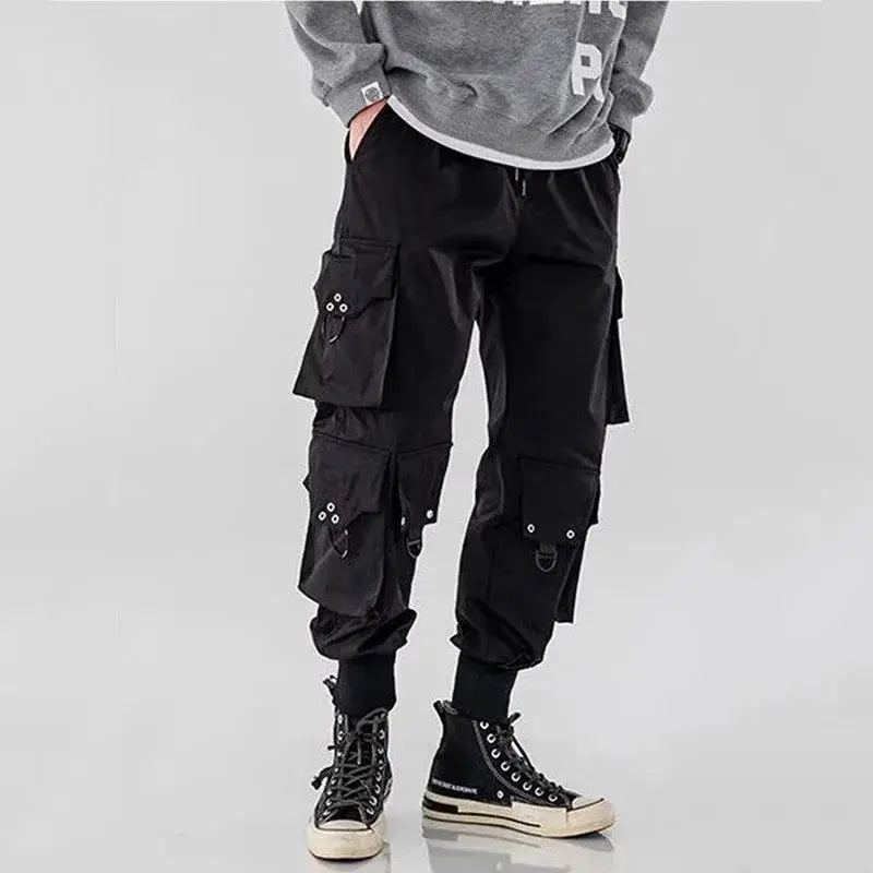 Black men's cargo pants with multiple side pockets and straps, streetwear straight-leg style