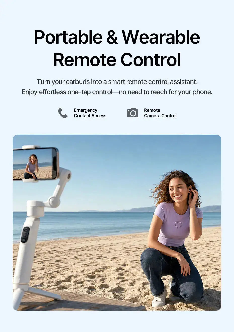 Baseus Bass EP10 wireless earbuds promo banner by Simples Market on a light-blue beach-themed remote-control setup.