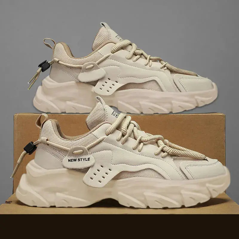 Men's beige chunky sneakers by Simples Market, breathable mesh, thick sole, 2 shown.