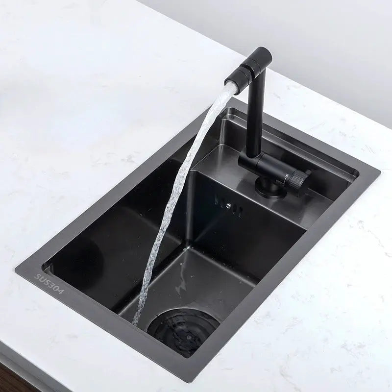 Black SUS304 stainless steel single-bowl kitchen sink with matte finish and tall faucet
