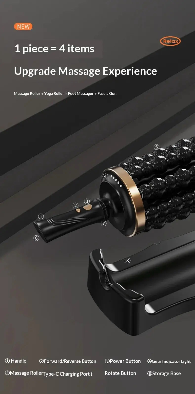 Rechargeable percussive massager from Simples Market, 72 massage points, handheld with base, black and gold.