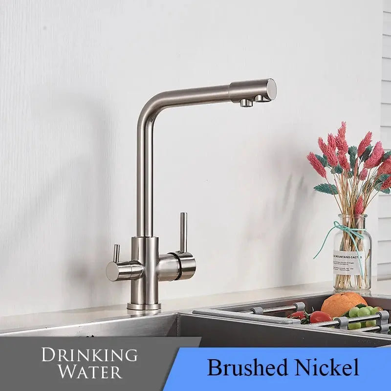 Brushed nickel kitchen faucet with high-arc spout and dual controls