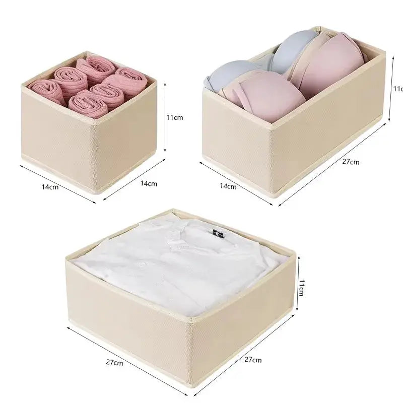 Foldable fabric drawer organizer set in beige; 3-piece boxes for socks, underwear, and clothes