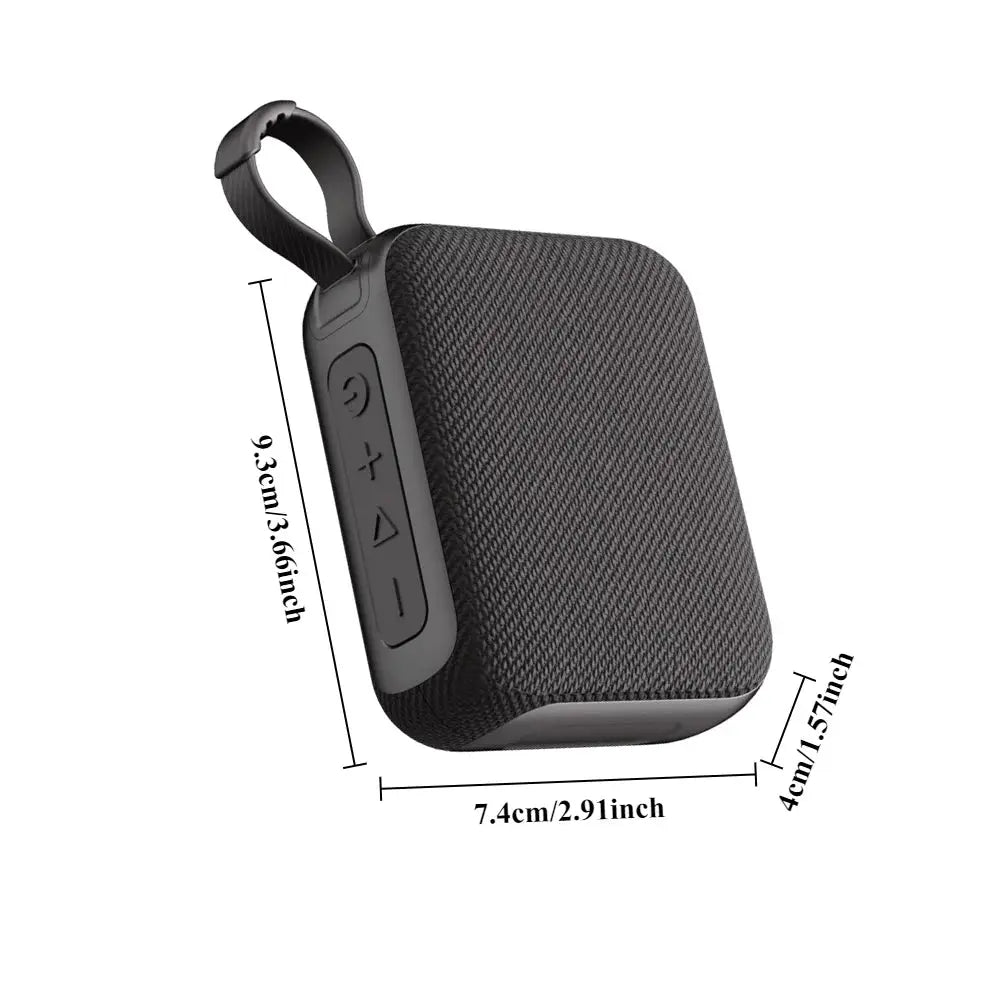 G04 Bluetooth 5.4 mini speaker with black fabric cover, portable with strap and side control panel