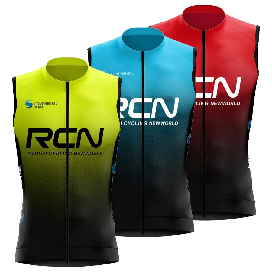 Cycling vests set: 3 front-zip windproof sleeveless jerseys in neon yellow, teal, and red gradient.