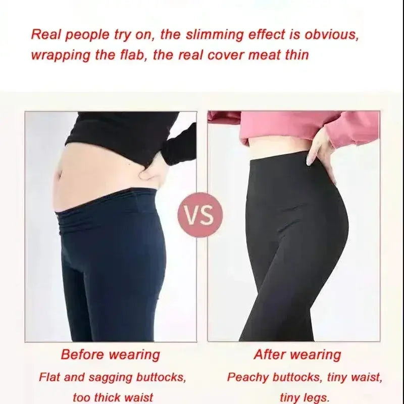 Simples Market M-XL Shark Pants high-waisted black yoga tights; two panels show before and after wearing belly lift.